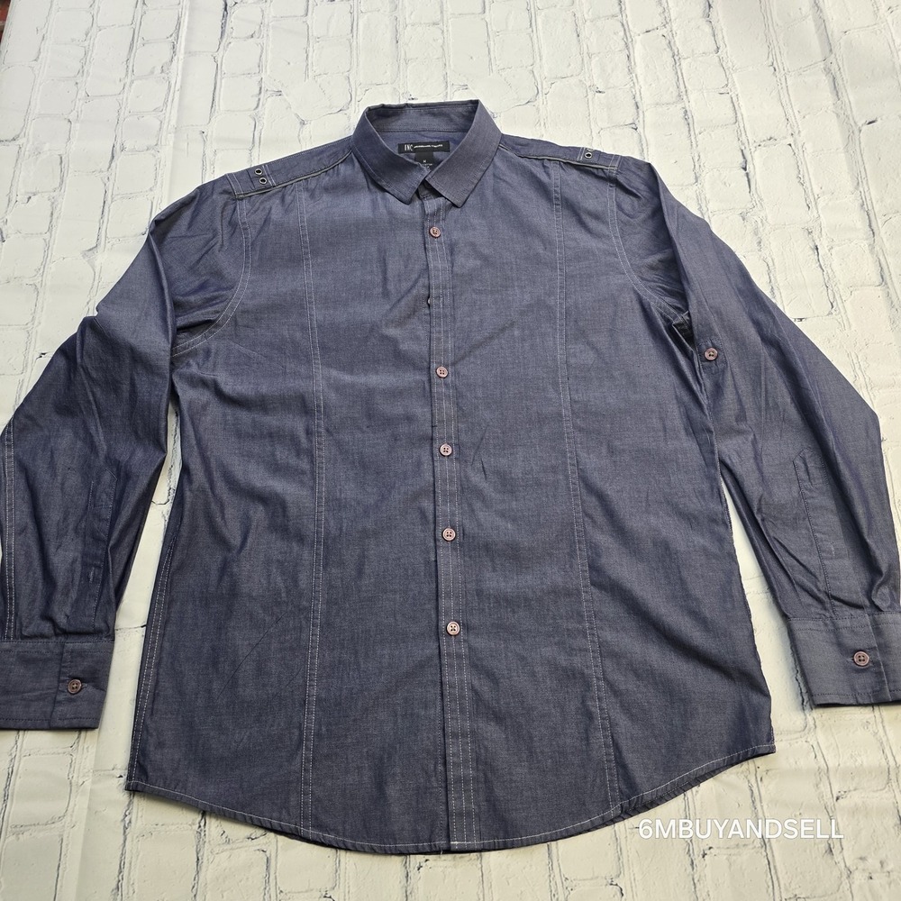 INC International Concepts Mens Navy Blue Cotton Button Down Shirt Epaulettes M